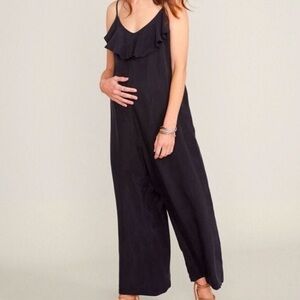 HATCH The Frankie maternity ruffle wide leg jumpsuit Sz L Black Cupro neutral